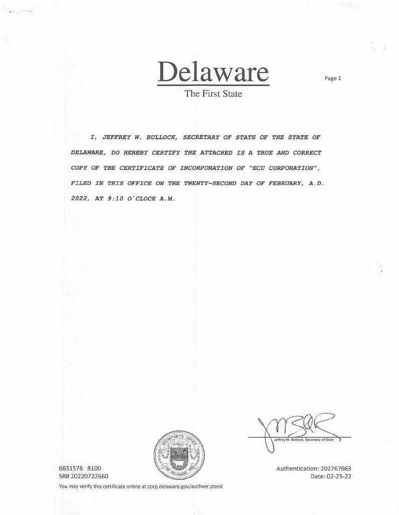 A copy of registration approved by the state of Delaware